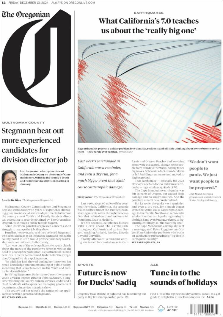 Portada de The Oregonian (USA)