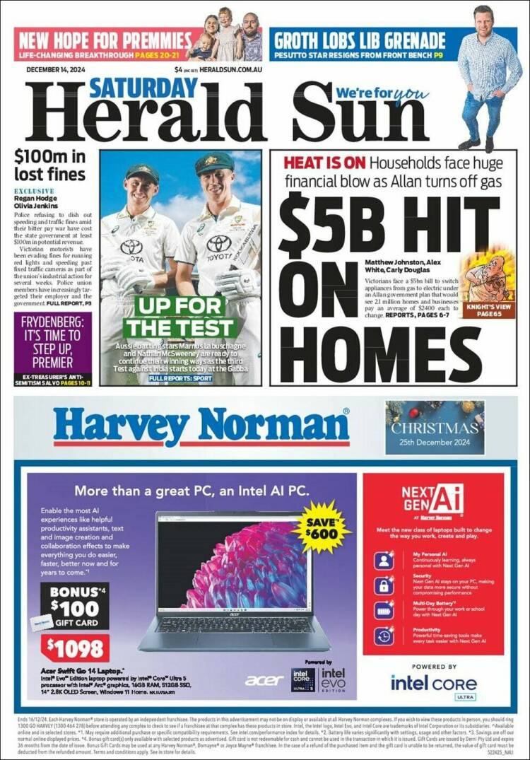 Portada de Herald Sun (Australia)