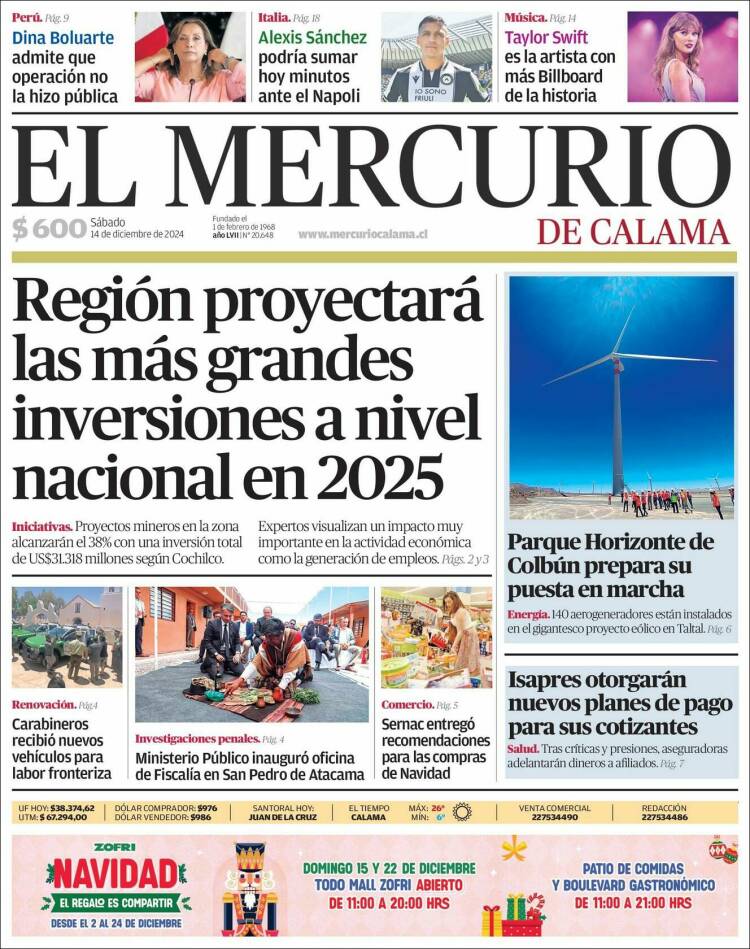 Portada de El Mercurio - Calama (Chile)