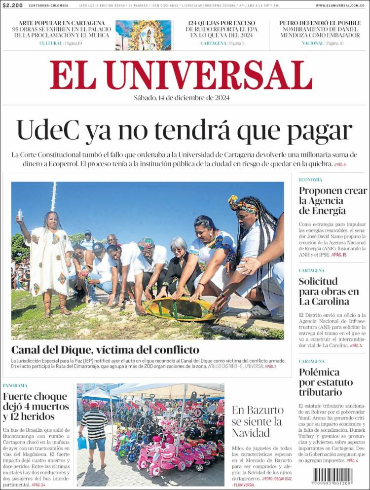 Portada de El Universal (Colombia)