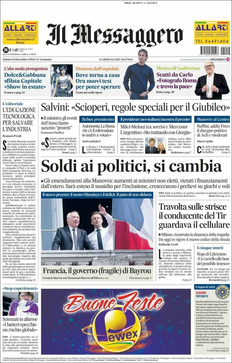 Portada de Il Messaggero (Italia)