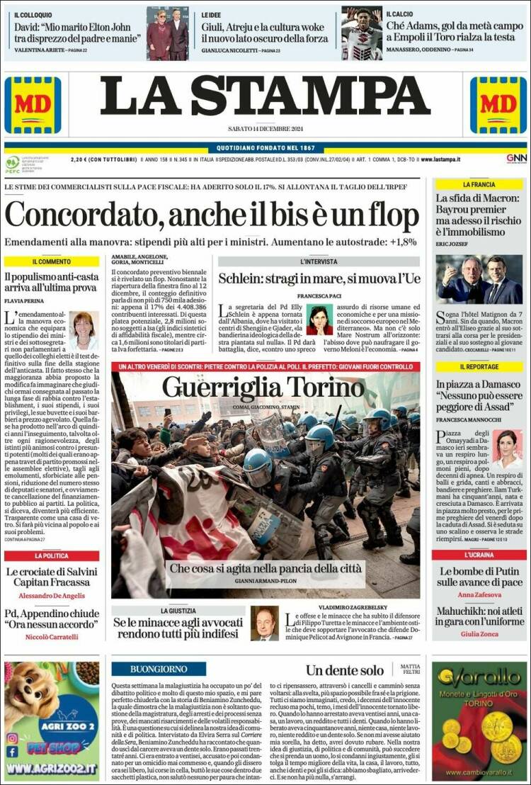 Portada de La Stampa (Italia)