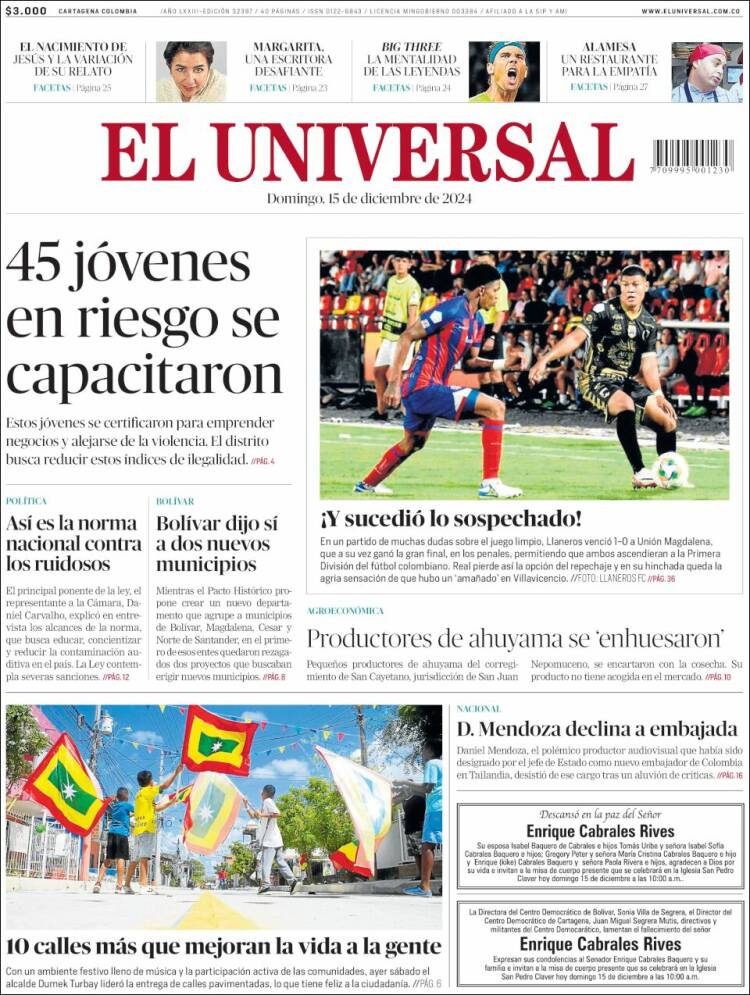 Portada de El Universal (Colombia)