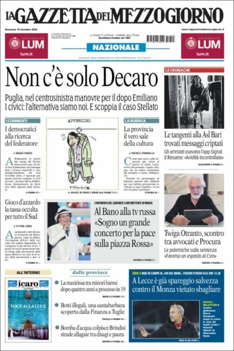 Portada de La Gazzetta del Mezzogiorno (Italia)