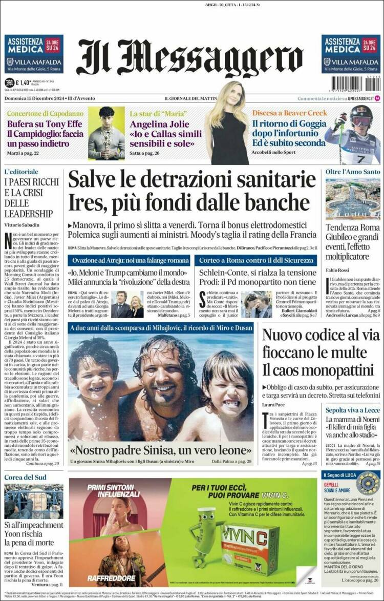Portada de Il Messaggero (Italia)