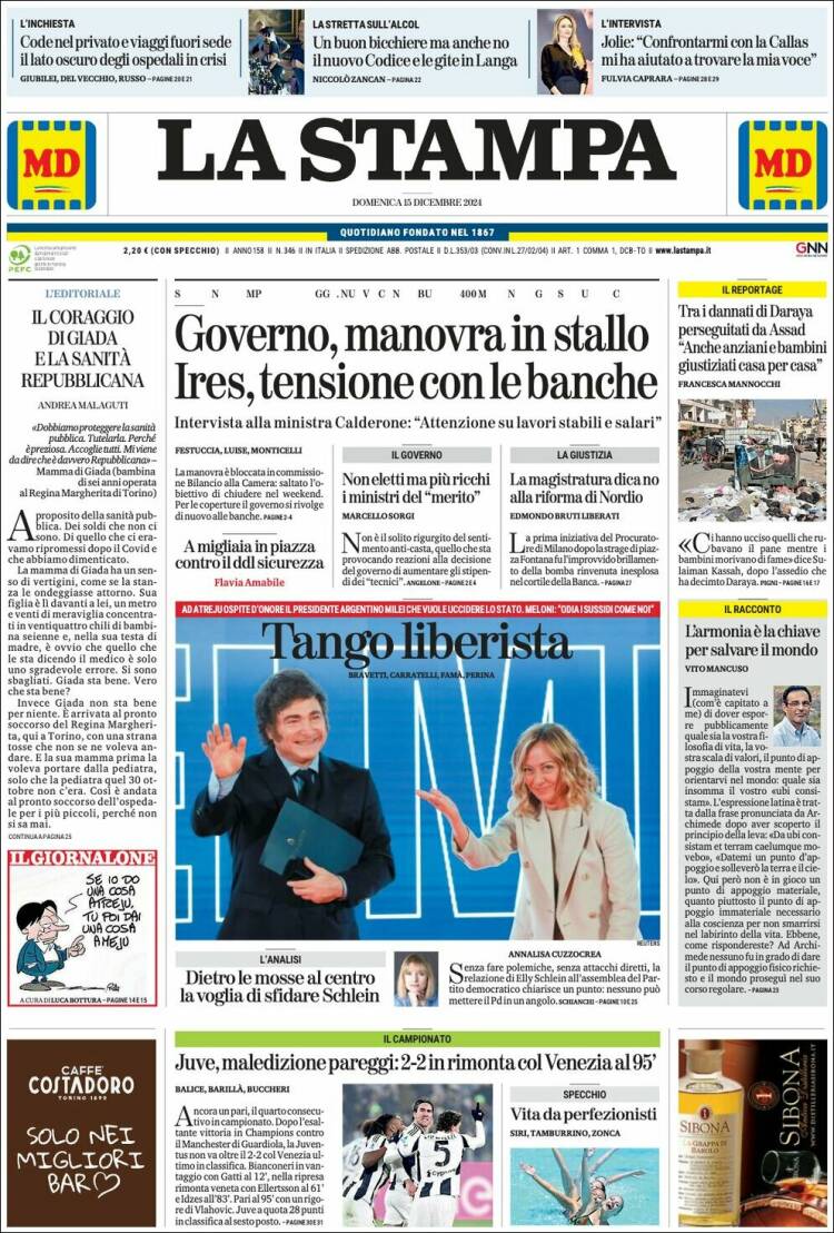 Portada de La Stampa (Italia)