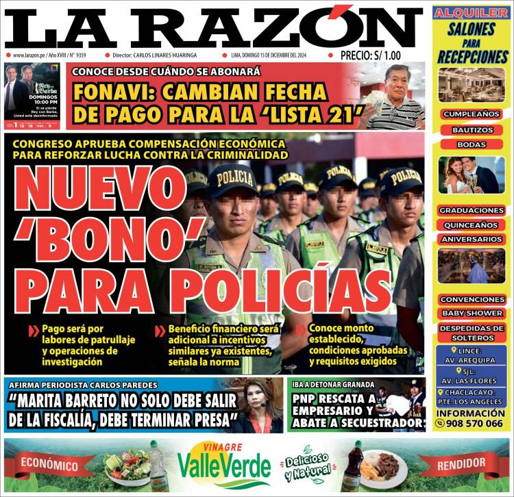 Portada de La Razón (Per&uacute;)
