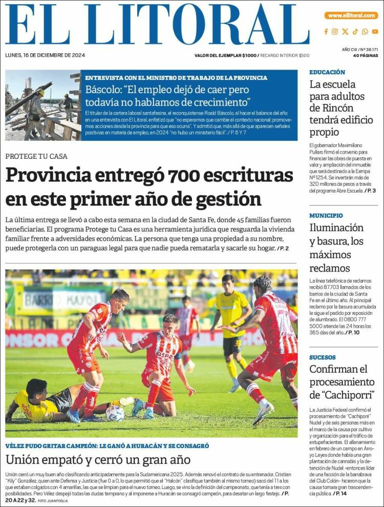 Portada de Diario El Litoral (Argentina)