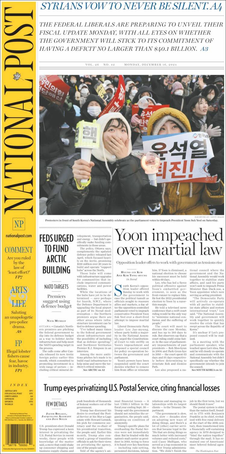 Portada de The National Post (Canadá)