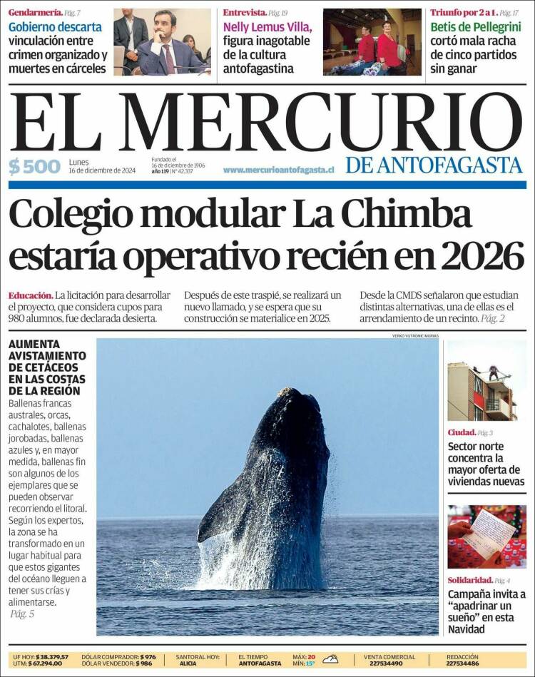 Portada de El Mercurio de Antofagasta (Chile)