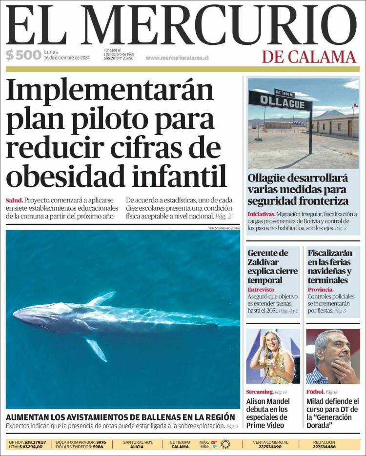 Portada de El Mercurio - Calama (Chile)
