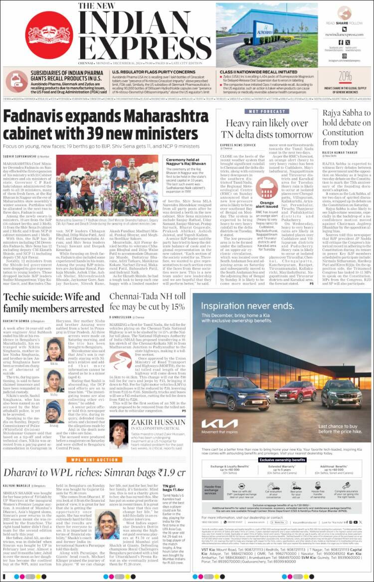 Portada de New Indian Express (India)