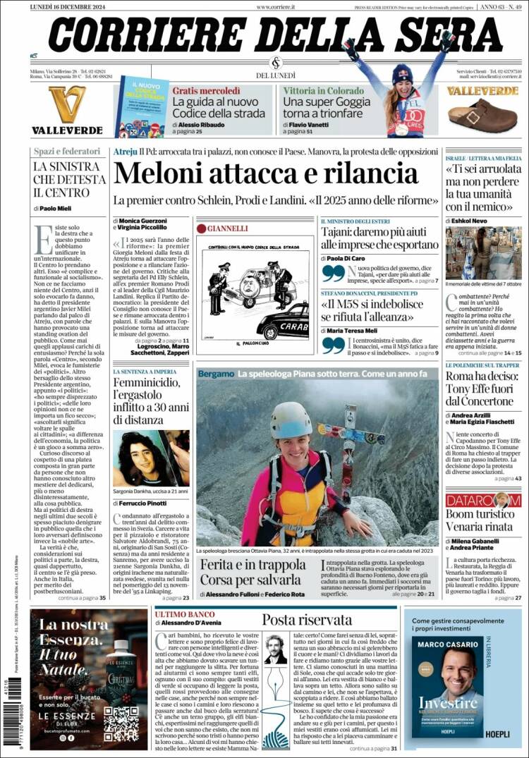 Portada de Corriere della Sera (Italia)