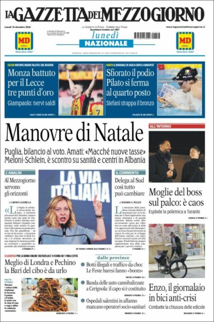 Portada de La Gazzetta del Mezzogiorno (Italia)