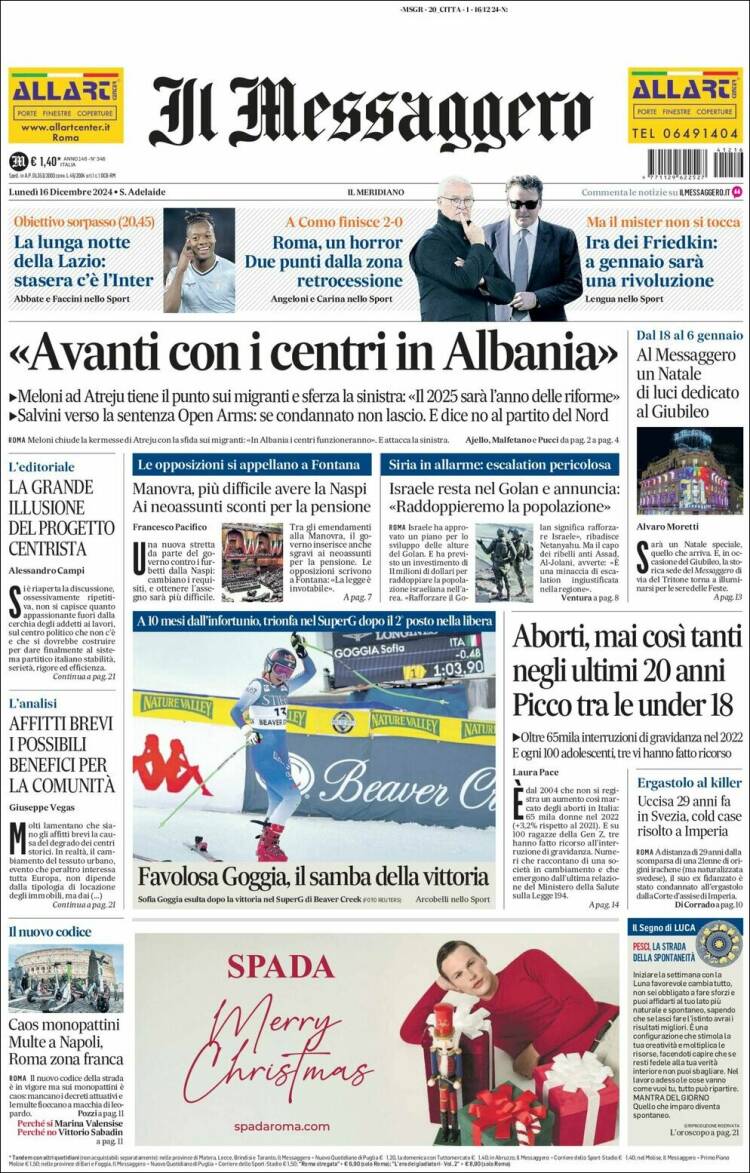 Portada de Il Messaggero (Italia)