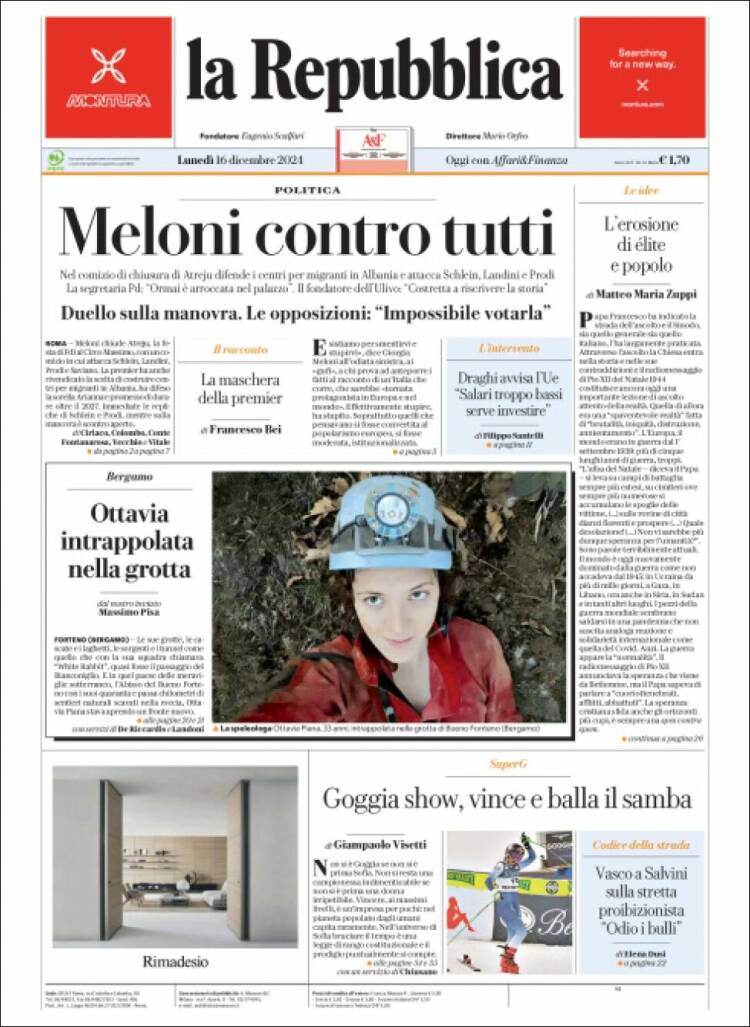 Portada de La Repubblica (Italia)