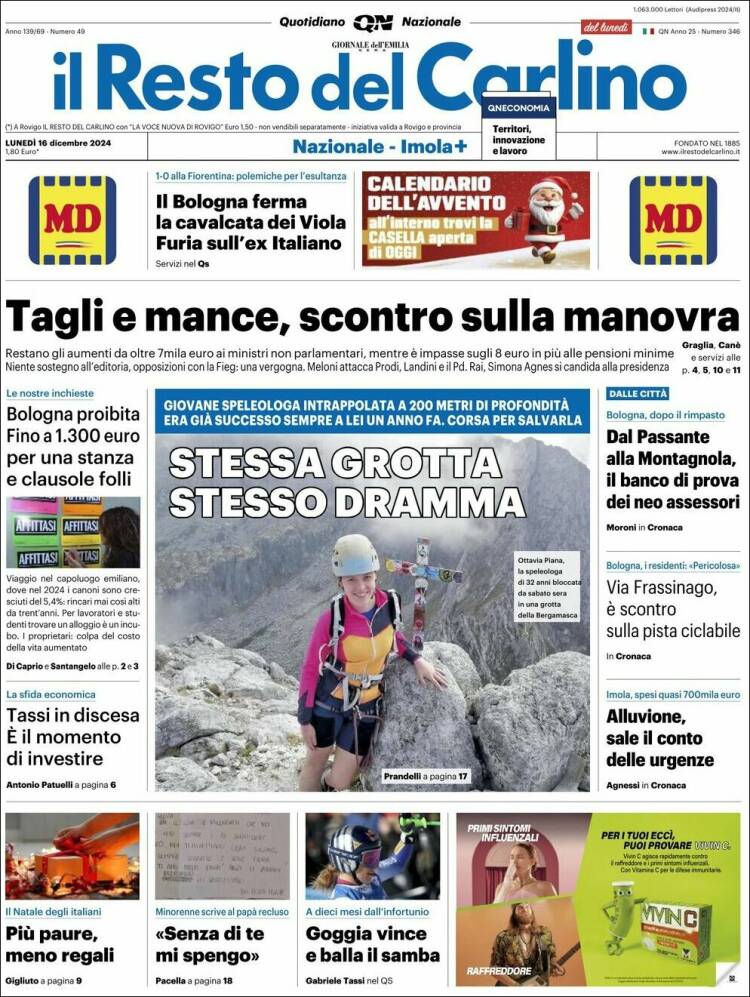 Portada de Il Resto del Carlino (Italia)