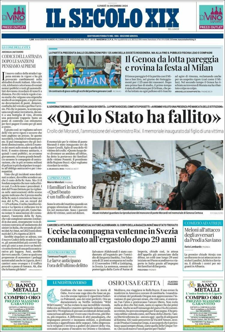 Portada de Il Secolo XIX (Italia)