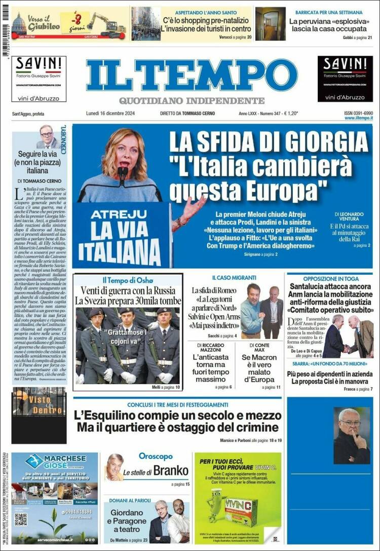 Portada de Il Tempo (Italia)