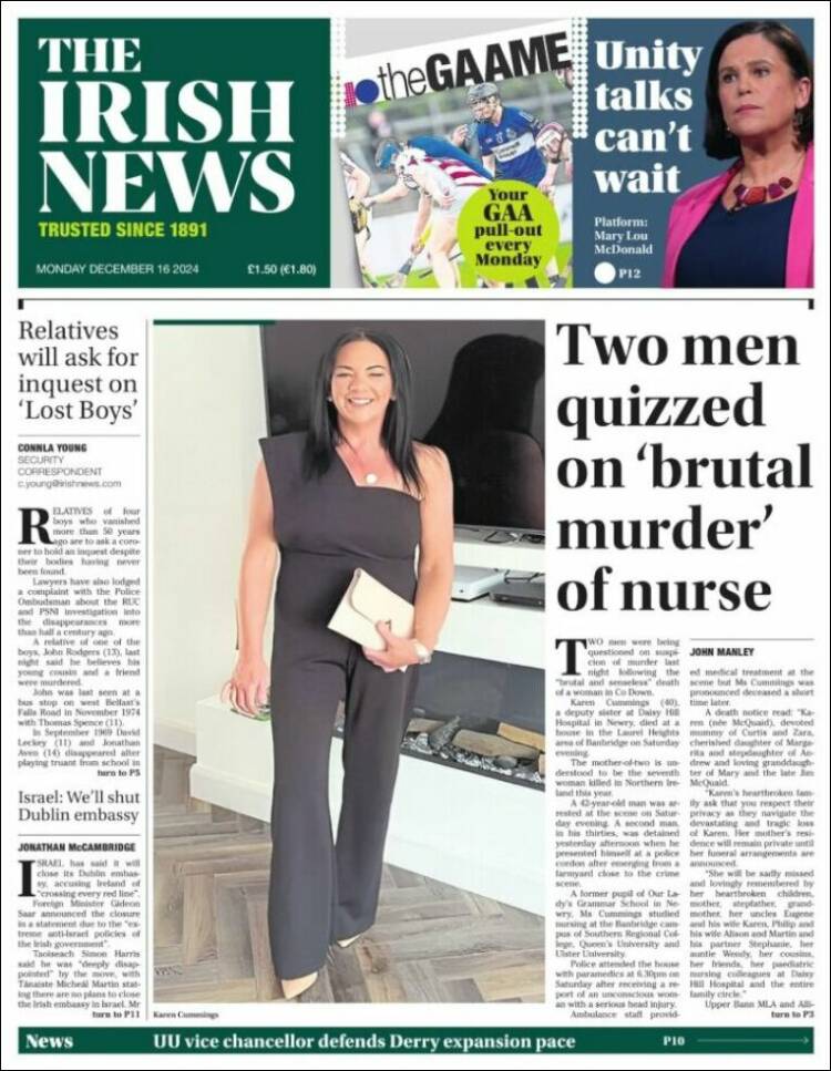 Portada de Irish News (Reino Unido)