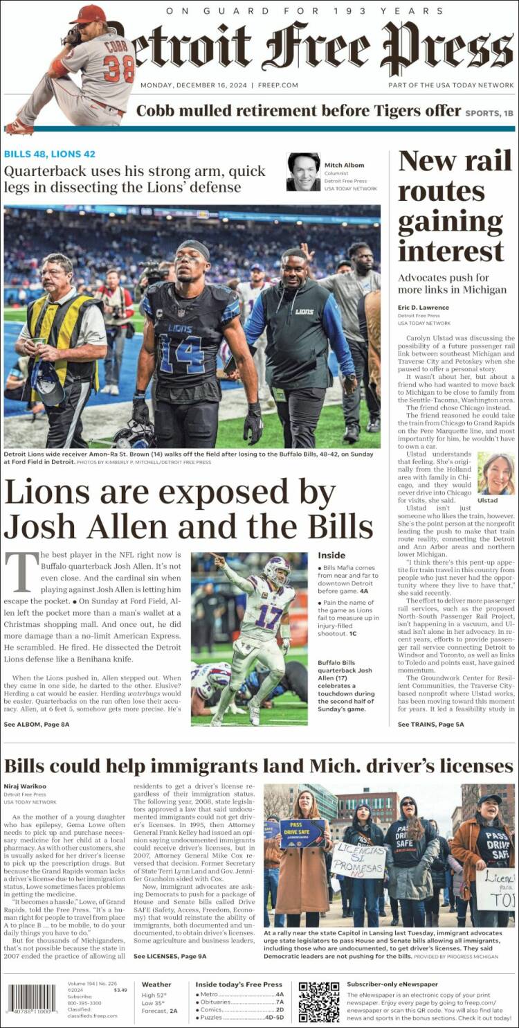 Portada de Detroit Free Press (USA)