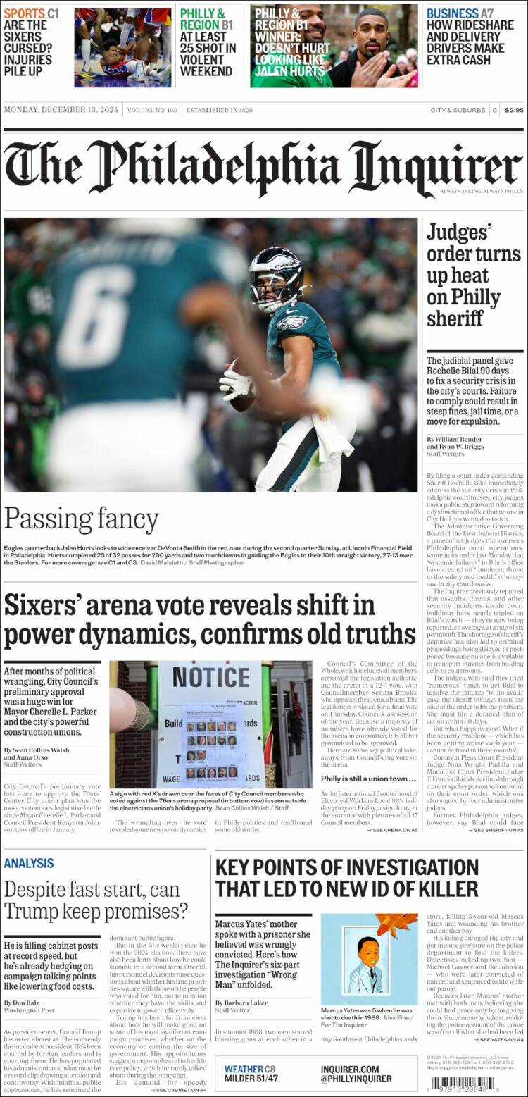 Portada de Philadelphia Inquirer (USA)