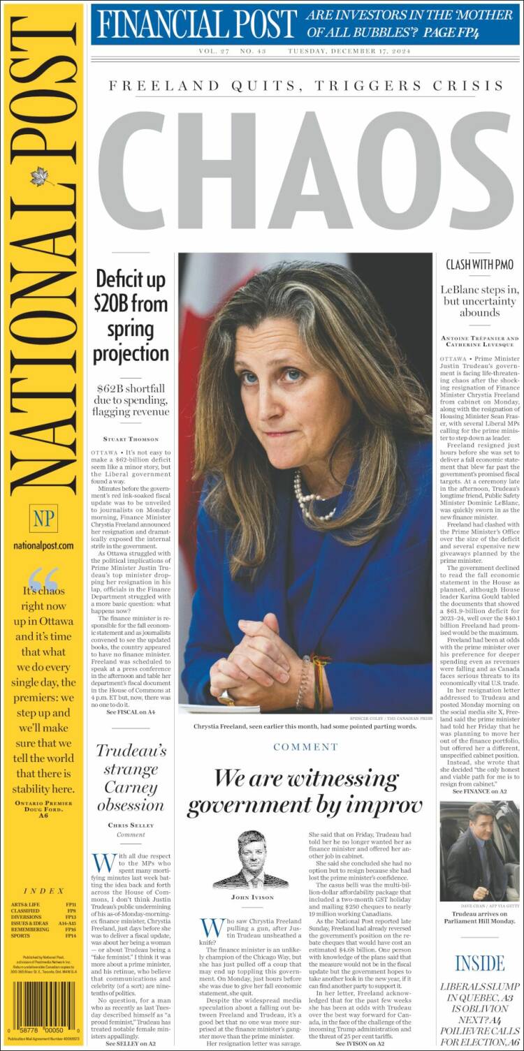 Portada de The National Post (Canadá)