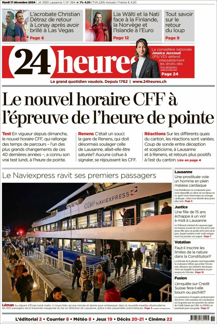 Portada de 24 Heures (Suiza)