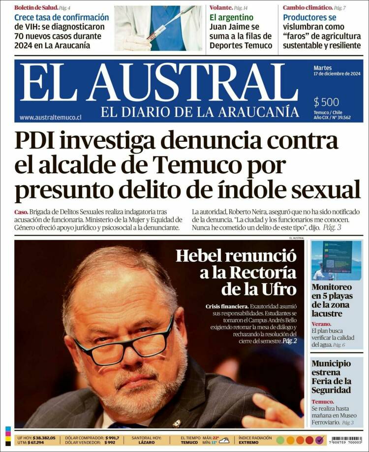 Portada de El Austral de Temuco (Chile)