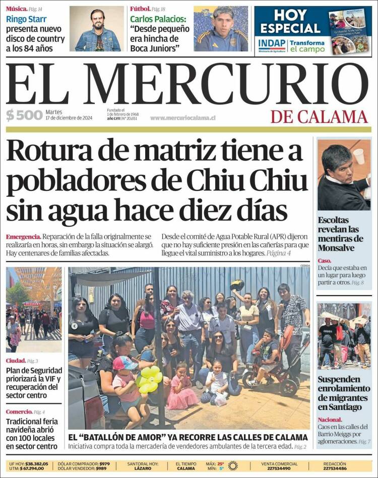 Portada de El Mercurio - Calama (Chile)
