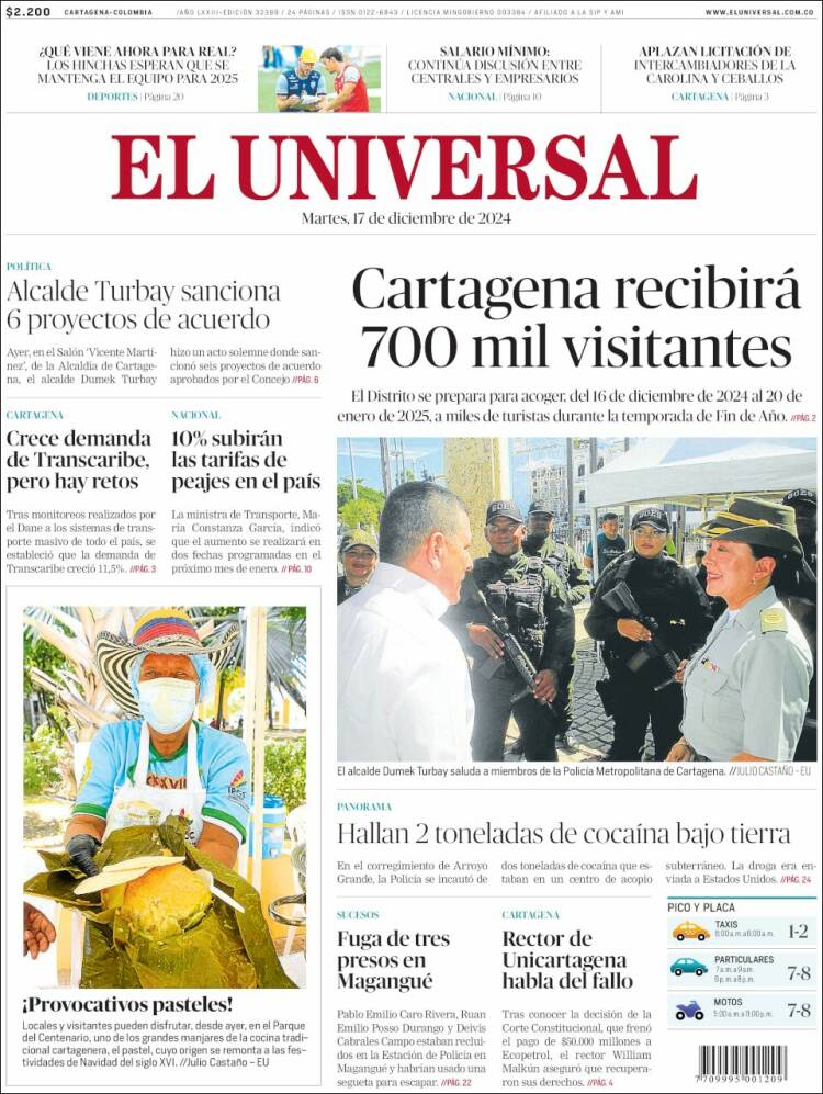 Portada de El Universal (Colombia)