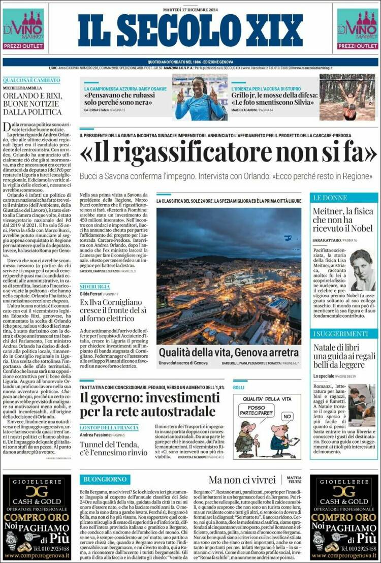 Portada de Il Secolo XIX (Italia)