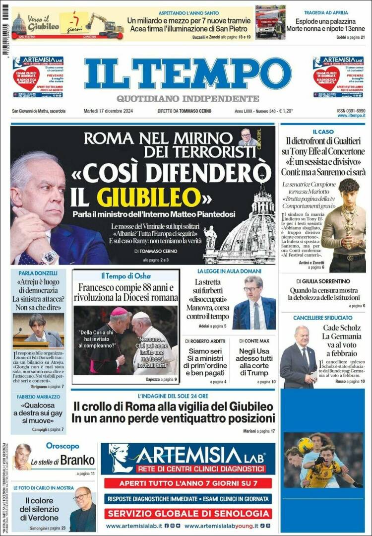 Portada de Il Tempo (Italia)