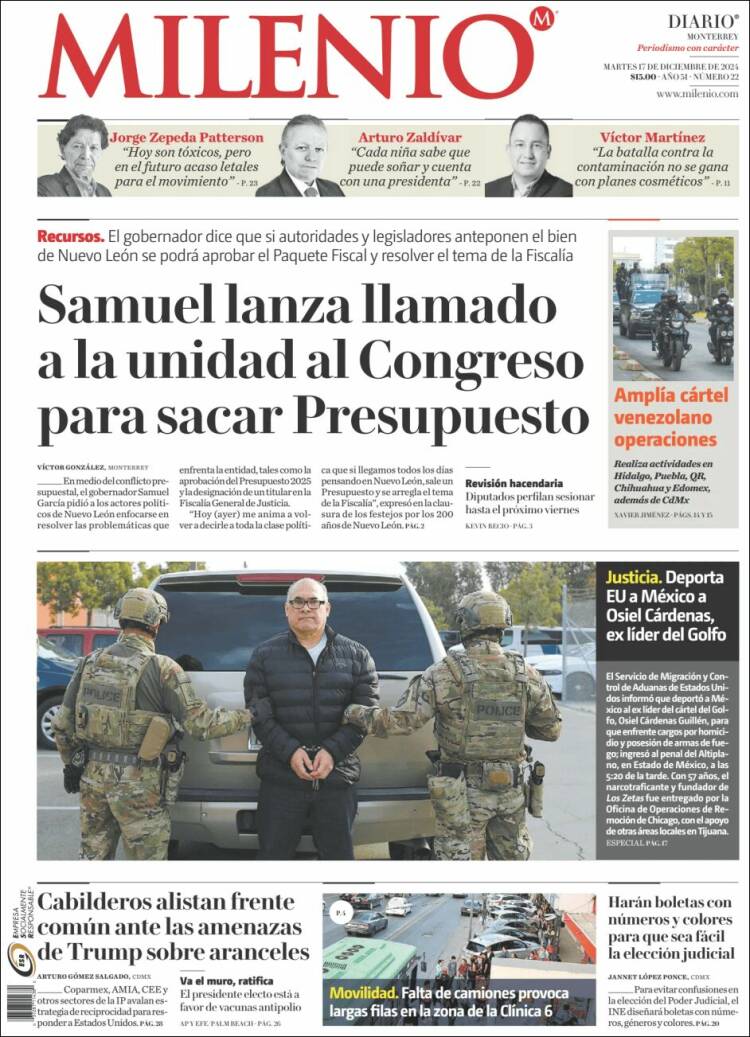 Portada de Milenio de Monterrey (México)