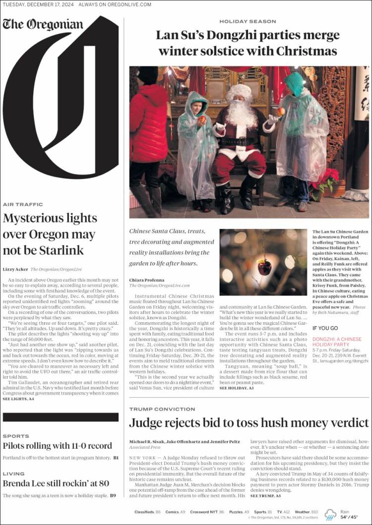 Portada de The Oregonian (USA)