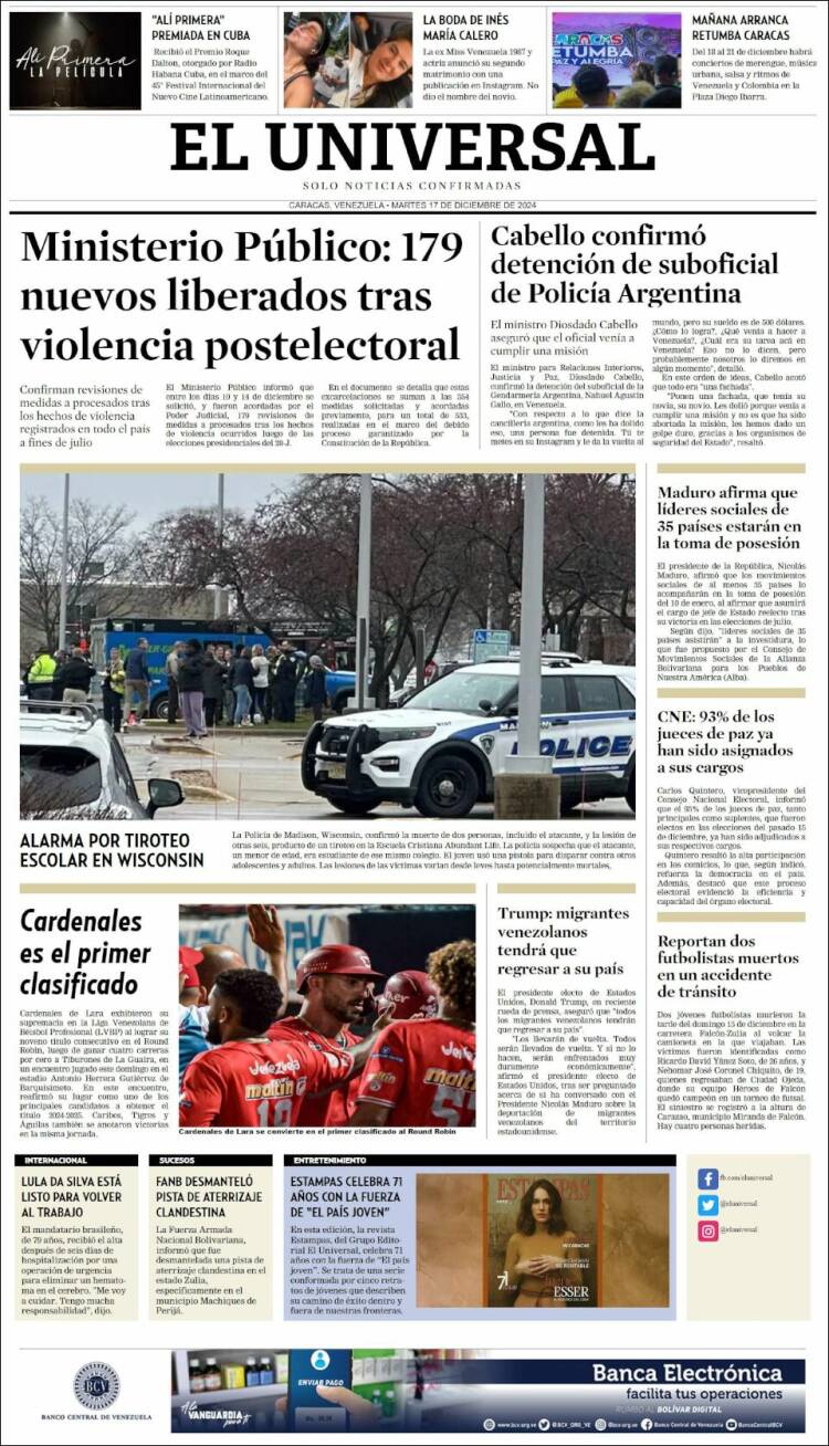 Portada de Universal (Venezuela)