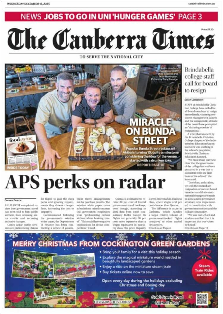 Portada de The Canberra Times (Australia)