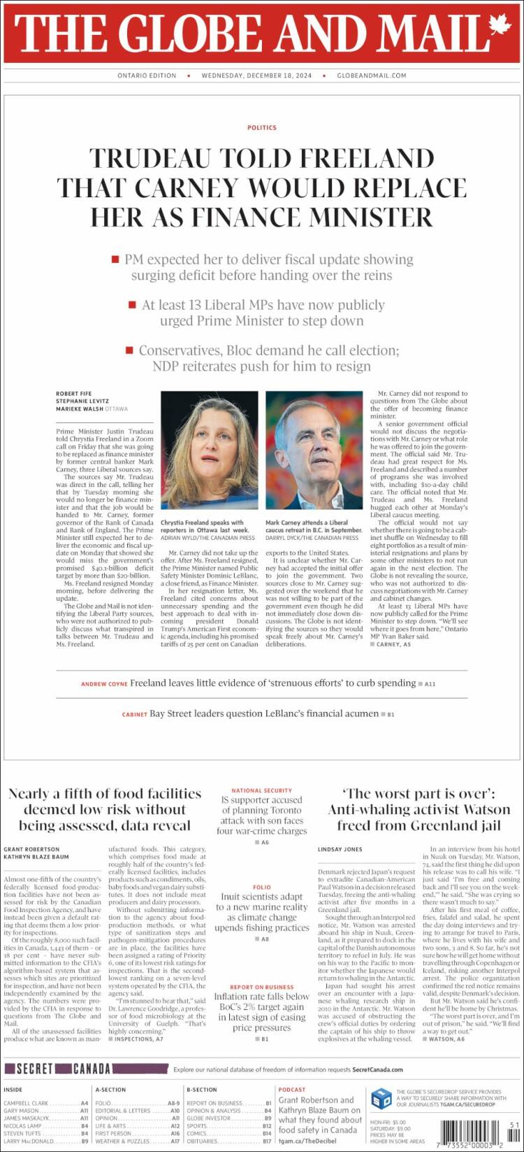 Portada de The Globe and Mail (Canadá)