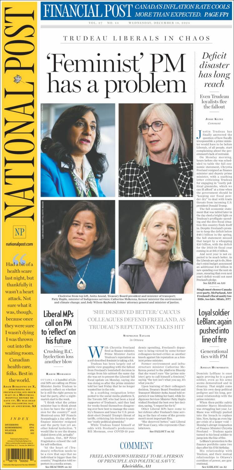 Portada de The National Post (Canadá)