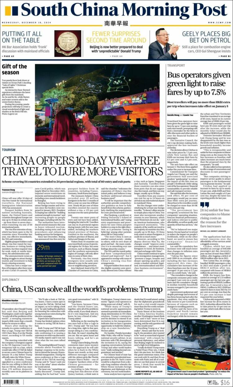 Portada de South China Morning Post (China)