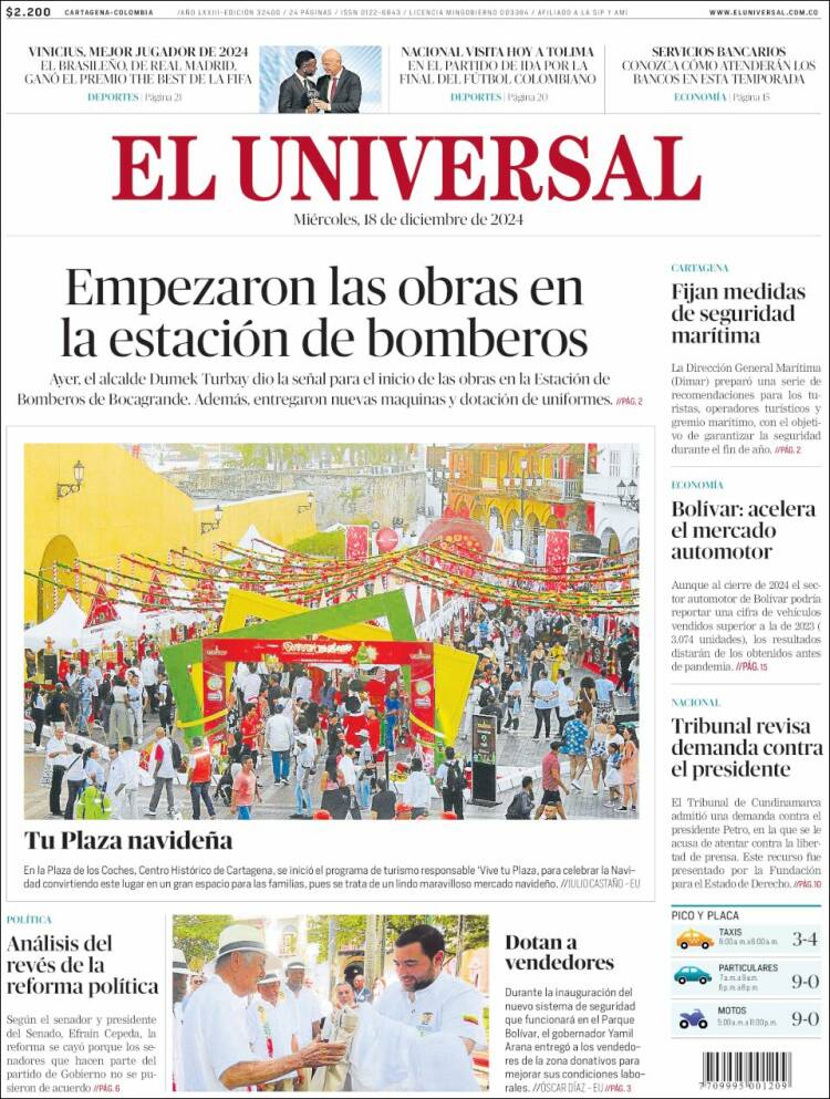 Portada de El Universal (Colombia)