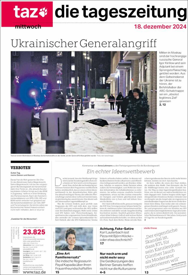 Portada de Die Tageszeitung (Alemania)