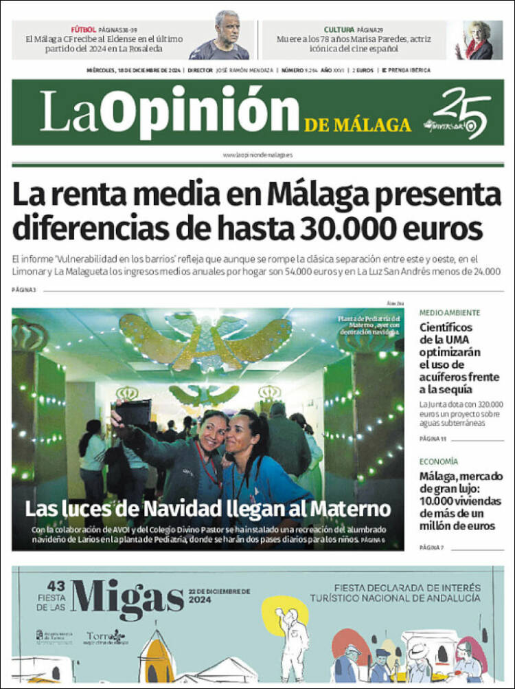 Portada de La Opinión de Málaga (España)