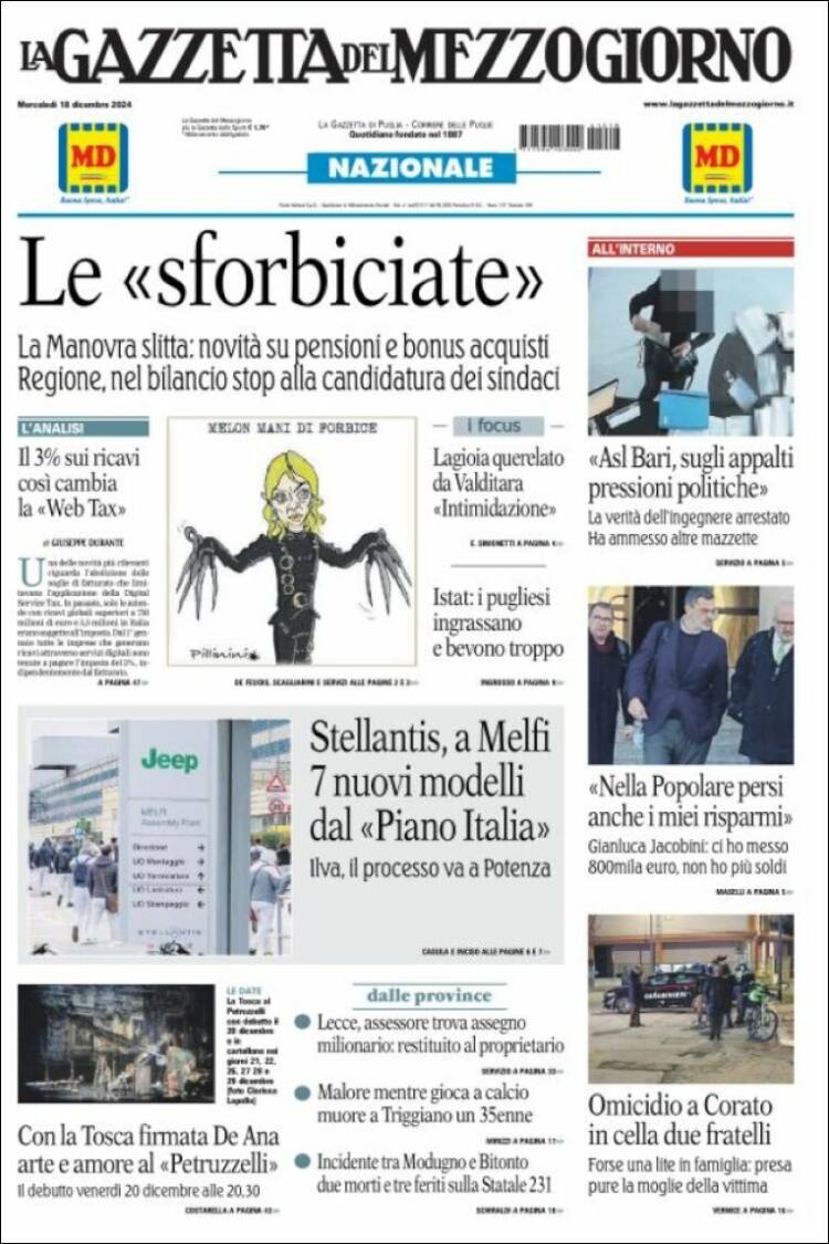 Portada de La Gazzetta del Mezzogiorno (Italia)