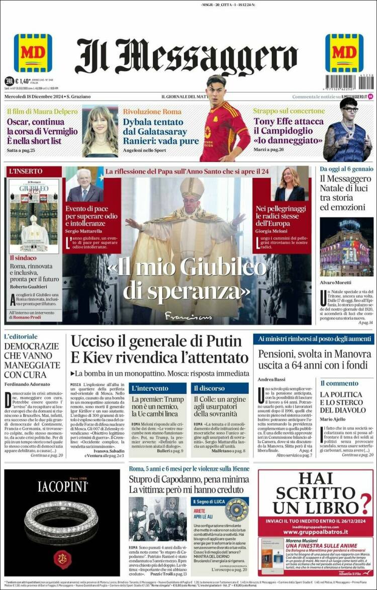 Portada de Il Messaggero (Italia)