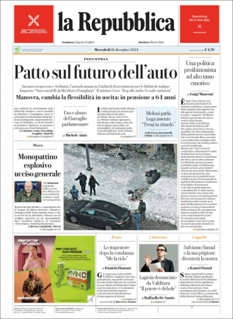 Portada de La Repubblica (Italia)