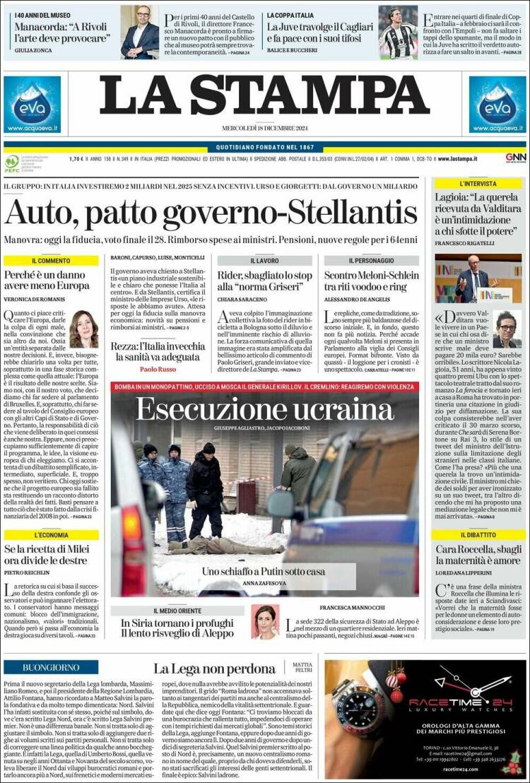 Portada de La Stampa (Italia)