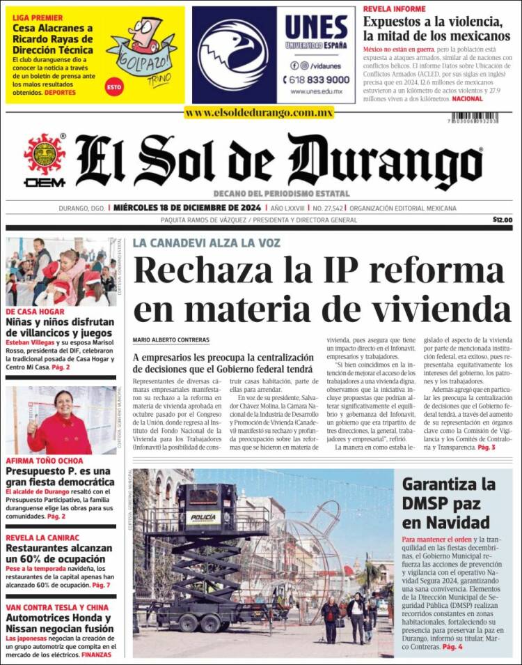 Portada de El Sol de Durango (México)