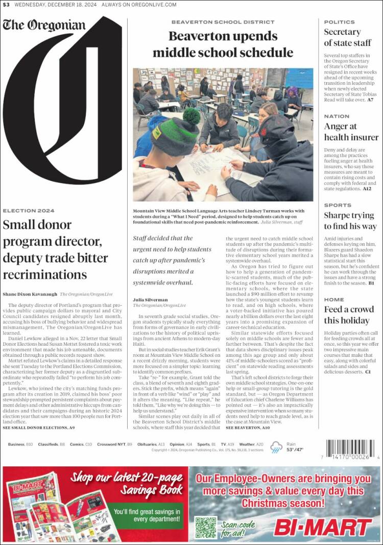 Portada de The Oregonian (USA)