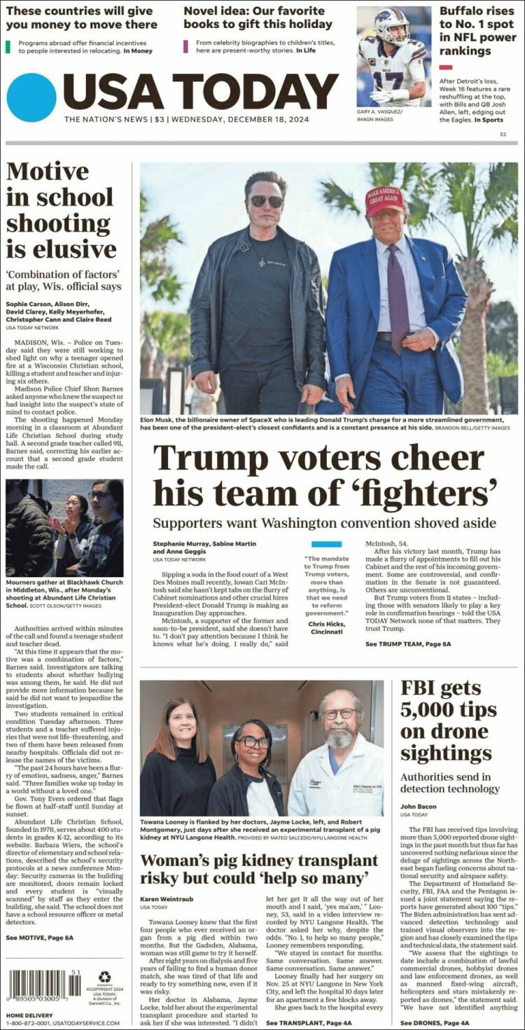 Portada de USA Today (USA)